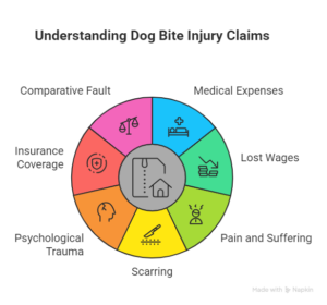Dog bite injury claims infographic showing compensation factors such as medical expenses, lost wages, pain and suffering, scarring, and insurance coverage.