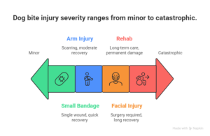 Dog bite injury severity chart showing a range from minor wounds to catastrophic harm with treatment examples.