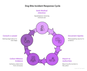 Dog bite lawsuit infographic showing steps in the legal process from seeking medical attention to determining liability and filing a claim.