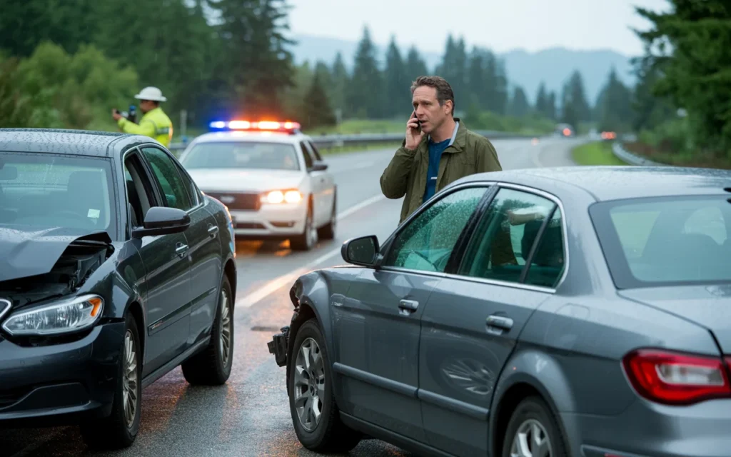 Driver making a phone call after a two-car accident on a wet road while police investigate the crash scene.