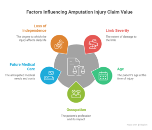 Infographic showing factors influencing amputation injury claim value including loss of independence, limb severity, future medical care, age, and occupation.