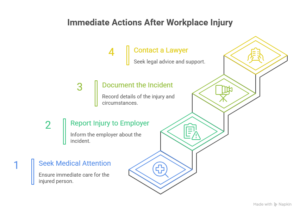 Infographic detailing the immediate actions to take after a workplace injury, including seeking medical attention, reporting to the employer, documenting the incident, and contacting a lawyer.