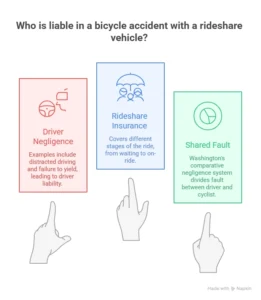 Infographic illustrating liability in bicycle accidents with a rideshare vehicle, covering driver negligence, rideshare insurance, and shared fault.