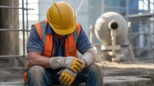 Injured construction worker sitting on a job site with a bandaged arm wearing a yellow hard hat and orange safety vest next to a cement mixer.