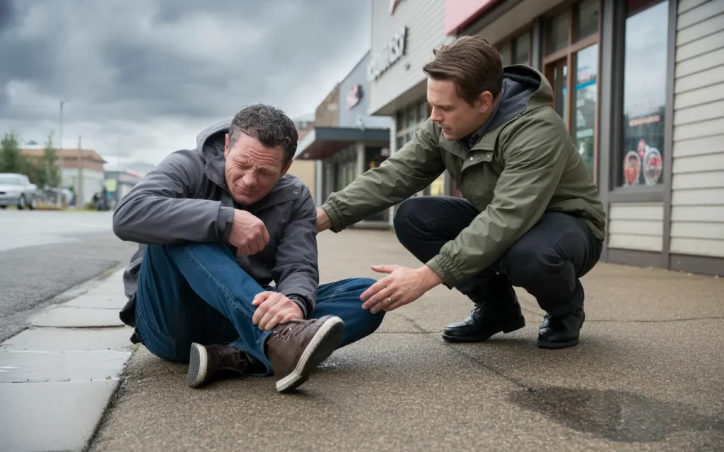 Man assisting an injured pedestrian sitting on the sidewalk after an accident outside a storefront.