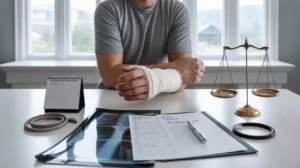 Injured person with a bandaged wrist sitting beside legal paperwork and scales of justice during a personal injury claim meeting.