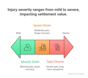 Infographic showing injury severity from mild to severe with muscle strain, sprain strain, and tear or chronic injury levels affecting settlement value.