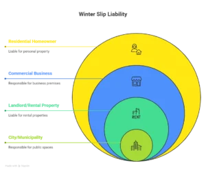 Visual diagram showing liability hierarchy for winter slip and fall incidents in Washington by property type