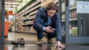Man crouching at a store entrance using his phone to photograph a wet floor after a slip and fall accident.