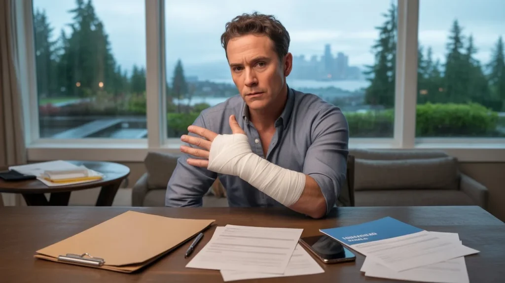 Man with a bandaged arm sitting at a table with legal documents and injury claim paperwork in front of him.