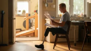 Man with a prosthetic leg sitting in a home kitchen reading documents beside an accessible ramp.