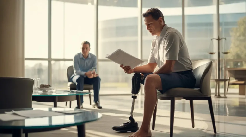 Man with a prosthetic leg reading documents while seated in a modern office lobby with another person in the background.