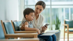 Mother sitting with an injured child in a clinic waiting area while checking a phone and taking notes after medical treatment.