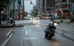 A quiet city street with a motorcycle parked on the side, reflecting the aftermath of an accident on a rainy day.