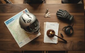 A top-down photograph showing essential items like a helmet, keys, legal documents, and a map for dealing with a motorcycle accident.
