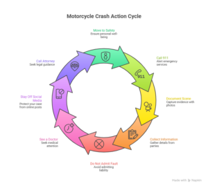 A colorful infographic depicting the steps to follow after a motorcycle crash, from ensuring safety to calling a lawyer.