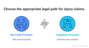 Infographic comparing the no-fault process and litigation process as two legal paths for injury claims showing safe and structured versus dramatic and complex options.