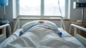 Elderly patient resting peacefully in modern hospital bed with natural sunlight from window in recovery room.