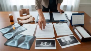 Person organizing medical records, X rays, injury photos, and treatment documents on a desk for a personal injury case.