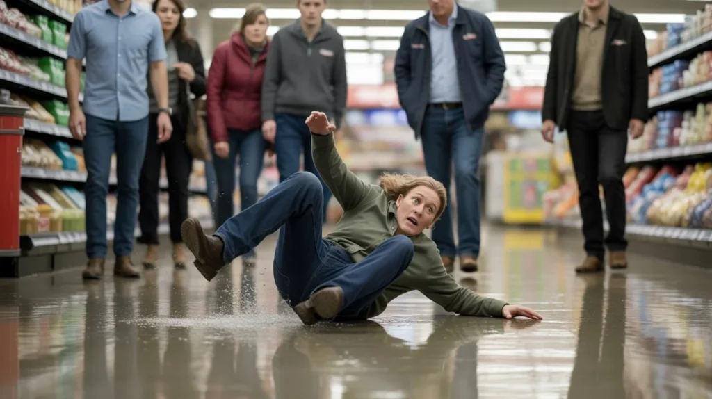 erson slipping on wet grocery store floor while bystanders watch in concern