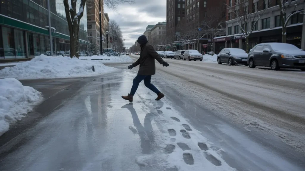 Person walking carefully on icy city street surrounded by snow-covered sidewalks and parked cars