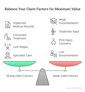 Infographic comparing strong and weak personal injury claim factors, including organized medical records, consistent treatment, lost wages, specialist care, and poor documentation.