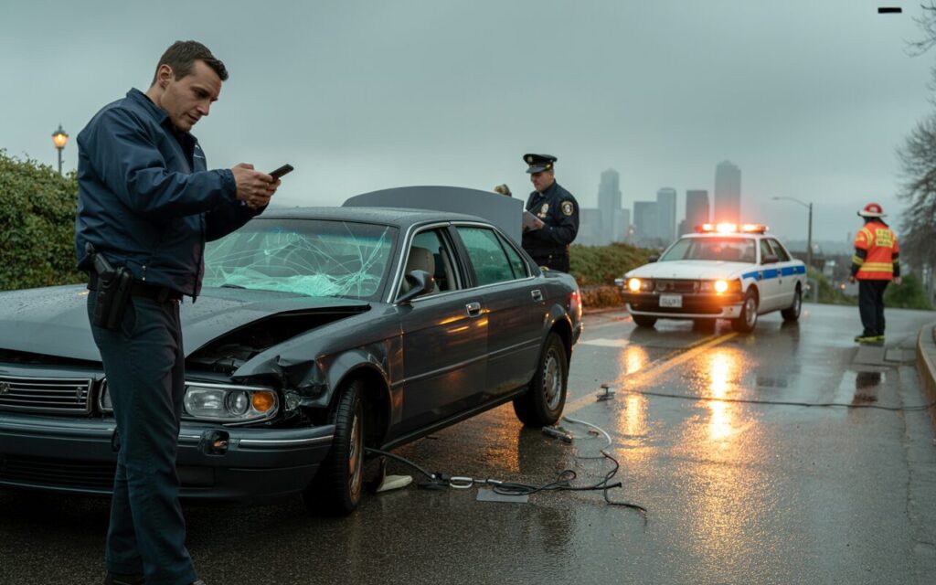 Police officers investigating a damaged car at a rainy accident scene with emergency lights flashing and a city skyline in the background.