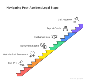 Step diagram showing post-accident legal steps including calling 911, getting medical treatment, documenting the scene, exchanging info, reporting crash, and calling an attorney