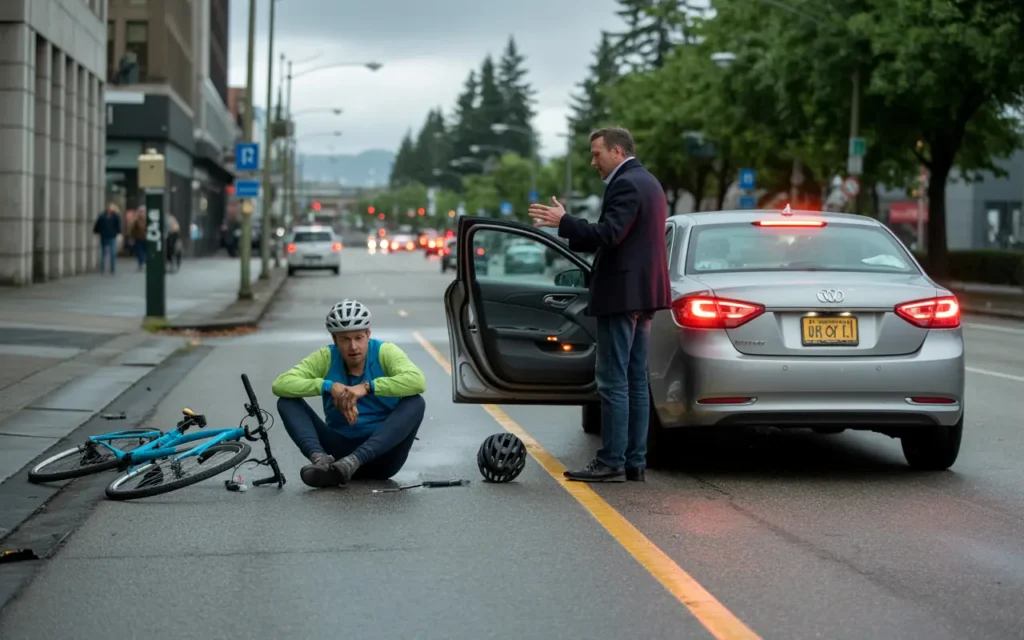 An injured cyclist sitting on the road next to his bicycle after an accident, surrounded by traffic and pedestrians.