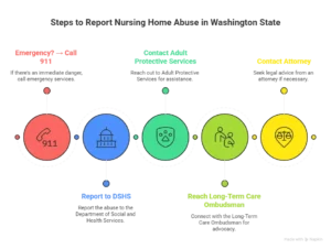 Step by step infographic for reporting nursing home abuse in Washington State including emergency services, DSHS, and legal resources.