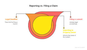 Infographic comparing reporting a slip and fall to filing a legal claim showing deadlines and steps