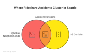 Venn diagram showing rideshare accident hotspots in Seattle highlighting high-risk neighborhoods and I-5 corridor overlap