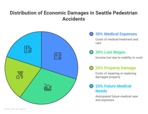 Pie chart showing distribution of economic damages in Seattle pedestrian accidents with 30% for medical expenses, 30% for lost wages, 20% for property damage, and 20% for future medical needs.