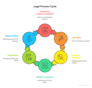 Slip and fall accident process infographic showing hazardous property conditions, injury, evidence collection, medical treatment, negotiation, and compensation.