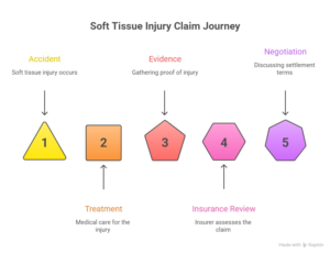 Infographic illustrating the soft tissue injury claim journey from accident and treatment to evidence gathering, insurance review, and settlement negotiation.