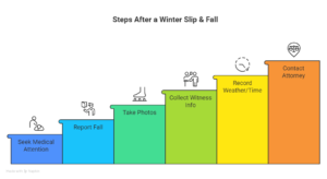 Infographic showing step-by-step actions after a winter slip and fall including seek medical attention, report fall, take photos, collect witness info, record weather and time, and contact attorney