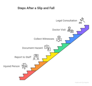 Illustration showing the steps to take after a slip and fall including reporting the incident, documenting hazards, seeing a doctor, and seeking legal consultation.