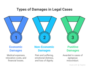 Infographic showing three types of damages in legal cases including economic, non-economic, and punitive damages with descriptions