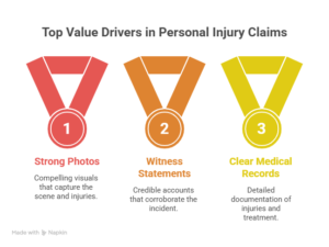 Infographic showing the top value drivers in personal injury claims including strong photos, witness statements, and clear medical records.