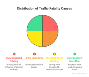 Pie chart showing distribution of traffic fatality causes with equal 25 percent sections for impaired driving, speeding, distracted driving, and seatbelt non-use.