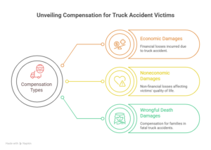 Infographic showing the different types of compensation available for truck accident victims, including economic, noneconomic, and wrongful death damages.