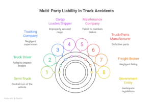 Diagram illustrating multi-party liability in truck accidents, with responsible parties including the trucking company, driver, maintenance company, and other entities.