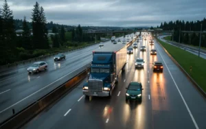 Aerial view of trucks and cars on a busy highway at dusk, showing heavy traffic and a semi-truck in the foreground