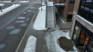 Urban sidewalk and stairs covered with snow and ice creating slip hazard near building entrance.