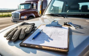 A clipboard with a daily vehicle inspection checklist, keys, and gloves, with a large truck in the background