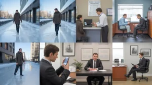 People walking carefully on icy sidewalk outside office building to avoid slipping injuries