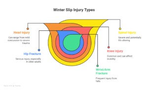 Infographic illustrating common winter slip injuries including head, wrist, hip, knee, and spinal injuries with severity levels