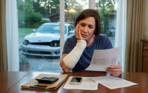 Injured woman reviewing medical bills at home after a car accident while her damaged car is visible outside the window.