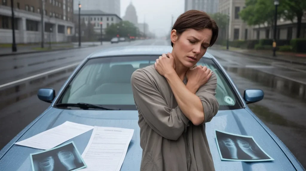 Woman suffering shoulder and neck pain after a car accident while standing in front of a vehicle with medical X rays and documents on the hood.