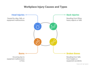 Infographic showing different types of workplace injuries, including head injuries, back injuries, burns, and broken bones, with brief descriptions of each type.